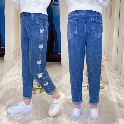 Soft Comfort Denim Pants for Girls Side Butterfly Jeans Teenage Girls Casual Pants Kids Elastic Waist Trousers 5 6 8 10 12 14Yrs