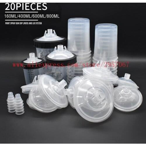 20pcs PPS Paint Spray Gun Cup Lids and Liners Kit 160/400/600/800ml Paint Mixing Cup PPS H/O Quick Disposable paint cup for Cars