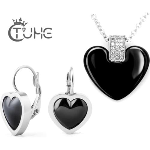 2017 New Luxury Women Wedding Jewelry Sets Heart Shape Design Black White Color Bridal Earring Necklace Jewelry Sets For Women