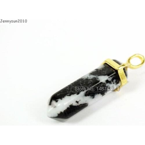 Natural Black And White Zebra Gems Stones Hexagonal Pointed Healing Reiki Chakra Gold Pendant Beads Necklace Earrings 10Pcs/Pack