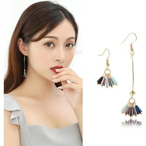 New Earrings Japan And South Korea Temperament Simple Asymmetric Crystal Earrings Personality Net Red Long Tassels Wholesale