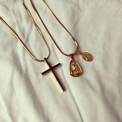 Good Quality Cross Matrona Mary Set Pendant Necklace Stainless Steel Metal Jewelry Choker Chain Golden Color Punk Drop Shipping