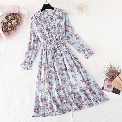 Spring autumn Stand Collar Floral Print Women Dress Lace Up Female Pleated Dress Summer Party Midi Chiffon Vestidos femme 2020