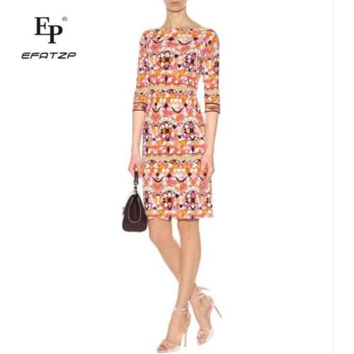 New 2018 Autumn Fashion Designer Dress Womens Half Sleeves Multicolor Geometric Print Stretch Jersey Slim Silk XXL Day Dress