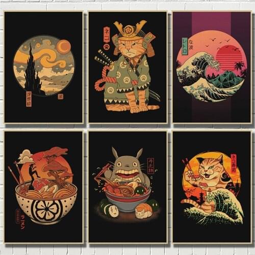Japanese Samurai Cat Ramen Kraft Paper painting posters Home Decor Art Decor HD quality Cartoon Painting animal