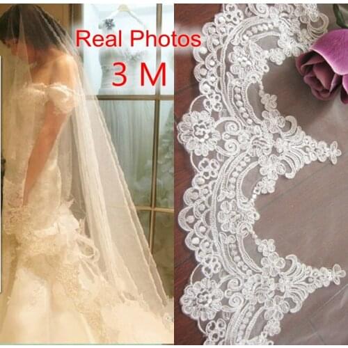 Real Photos 2019 3M White/Ivory Beautiful Cathedral Length Lace Edge Wedding Bridal Veil With Comb Wedding Accessories MD3084
