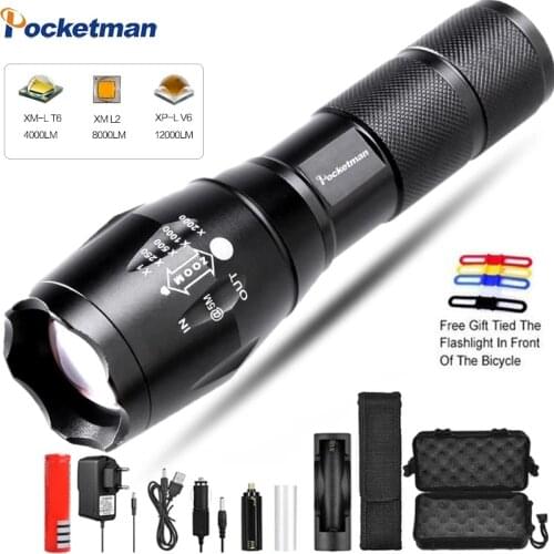 12000 LM Flashlight T6/L2/V6 Led Torch 5 Switch Modes Zoomable Flashlight Bicycle Light 18650 Battery Outdoor Camping Torch