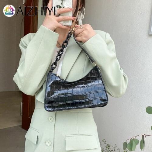 Vintage Women Solid Color Stone Pattern PU Leather Shoulder Underarm Bag Casual Ladies Chain Small Hobos Handbags Purse