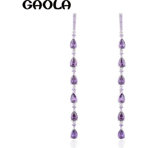 GAOLA Vintage Elegant Long Earrings For Wedding Party Top Quality AAA Purple Waterdrop Cubic Zirconia Earrings