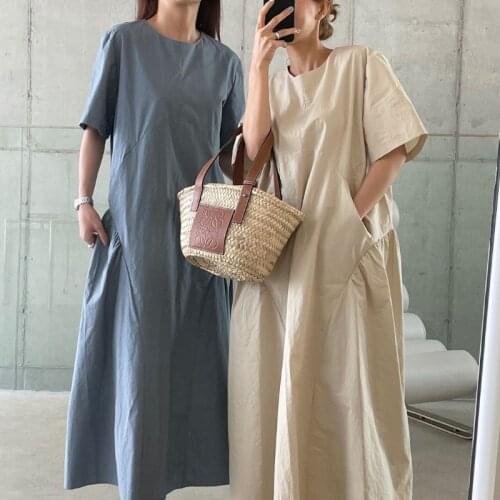 2021 New Women Summer Beige Long Dress Round Collar Loose Waisted Folds Pockets Casual Pullover Sundress