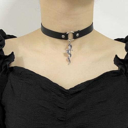 Snake Sword Choker Necklace For Women Trendy vintage Black leather Silver Color Dagger Pendant Necklaces Jewelry Gift Wholesale