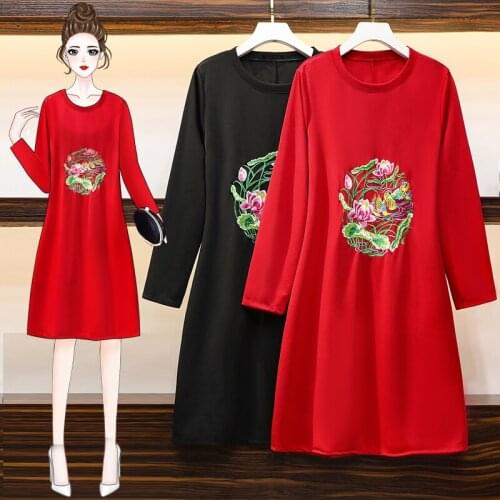 Autumn M-4XL Plus Size Vintage Red Black Embroidery Chinese Style Traditional Casual Women Long Sleeve Cheongsam Dresses Qipao