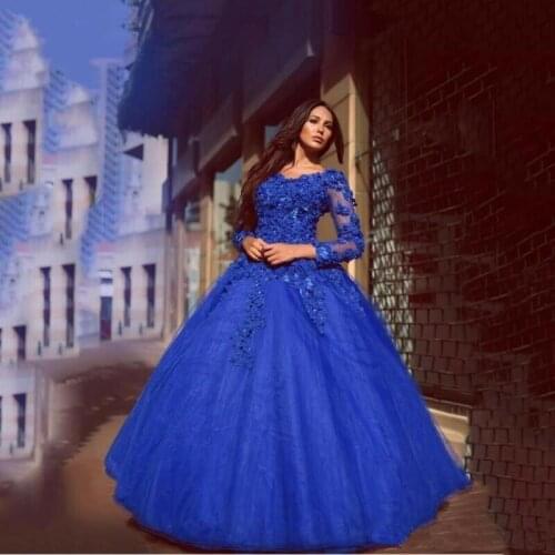 Long Robe de Soiree Abendkleider Appliques Flowers Glamorous Royal Blue Ball Gown Quinceanera Dresses Vintage Prom Dresses