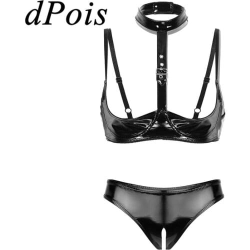 2Pcs Womens Open Cups Bra Top Sexy Low Rise Open Crotch High Cut Panties Briefs Underwear Wetlook Patent Leather Lingerie Set