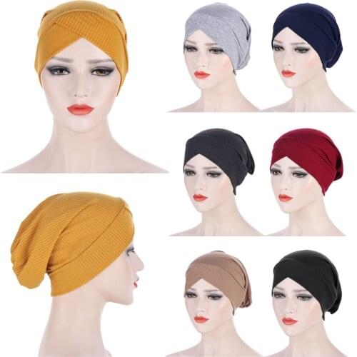2021 New Elastic Cotton Turban Hat Solid Color Women Headscarf Bonnet Inner Hijabs Cap Muslim Hijab femme Wrap Head Underscarf