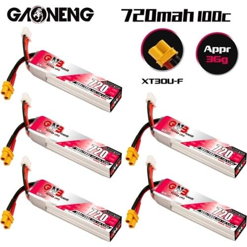 5Pcs/Set GAONENG GNB HV Lipo Battery 2S 720mAh 7.6V Max 200C WIth XT30U-F Plug for RC FPV Whoop Frame Kit Tinywhoop Racing Drone