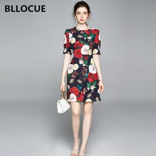 BLLOCUE Fashion Peony Flower Print Runway Dress 2020 Summer Women Short Sleeve Floral Print Beading Elegant Party Dress