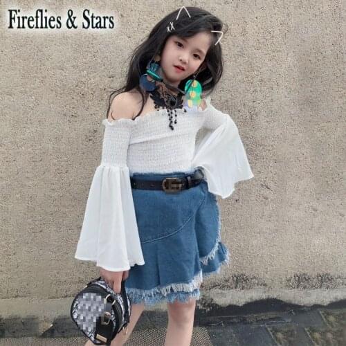 Spring Summer girls 2 pcs set baby blouse + denim skirt kids suit children streetwear flare sleeve shoulderless tassel 2 to 7 yr