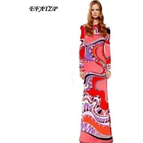 EFATZP Womens 2015 Spring New Arrival Luxury Brands Long Sleeves Colourful Bohemian Print Jersey Silk Maxi long Dress