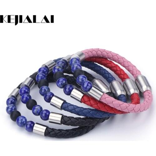 KEJIALAI 8mm Natural Pink Crystal Stone Bead Stainless Steel Charms Genuine Leather Best Unique Unisex Bracelet Bangle B5014