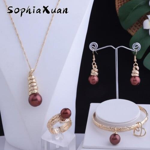 SophiaXuan Hawaiian Fashion Jewelry Sets Colorfu Pearl Gold Plated Ring Bracelets Earrings Necklace Sets for Women Gift New 2021