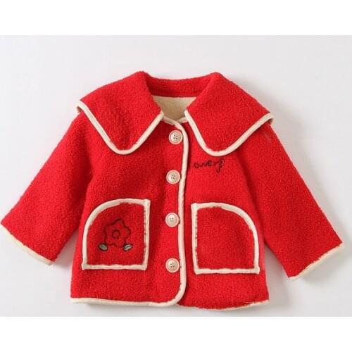 Baby Girls Long Sleeve Big Neck Cute Style Wool Coats Solid Color Thick Lamb Wool Jacket Coats Single Button Closure Coats