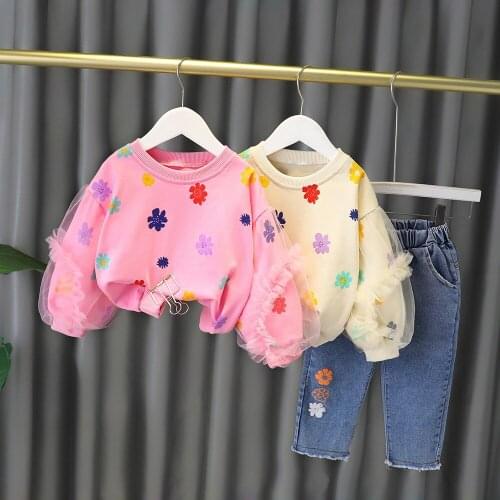 Fashion Girls Princess 2pcs Clothes Set Baby Kids Children Autumn Mesh Long Sleeve Pullover Sweatshirt Tops+Jeans Pant S12805
