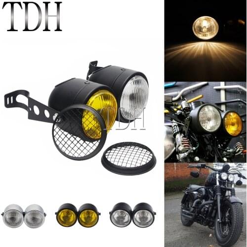 Motorcycle Retro Headlight Mesh Grill Twin Dual Cafe Racer Front Head Light Lamp Bracket Mask Kits For Harley Dirt Bikes