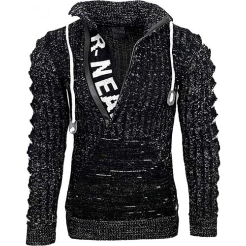 Men Autumn Winter Letters Sweater Long Sleeve Turn Down Collar Ripped Jumper