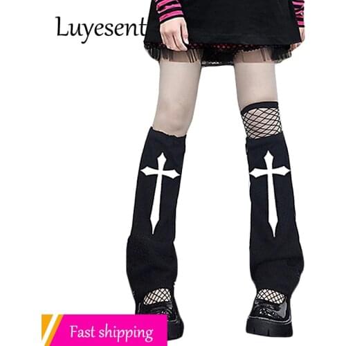 Dark Gothic Lady Cross Print Leg Warmer Black Jk Student Sock Wide Leg Stretch Cool Lolita Calf-length Socks Sport Streetwear