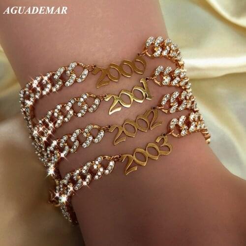 New Personality Birth Year Number Chunky Cuban Anklet For Women Iced Out Crystal Miami Cuban Link Anklet Metal Chain Foot Jewely