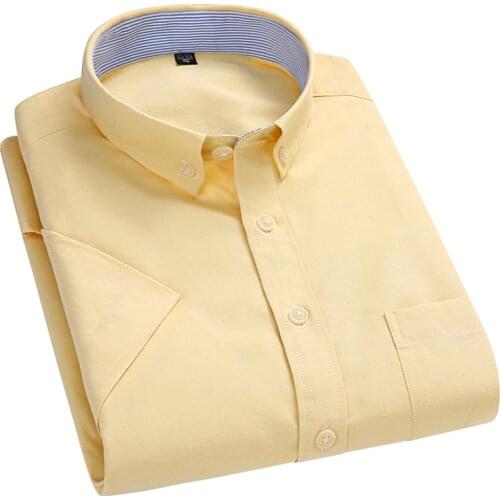 AOLIWEN brand men 56% cotton yellow oxford solid color dress short sleeve shirt summer button trend business casual slim shirts