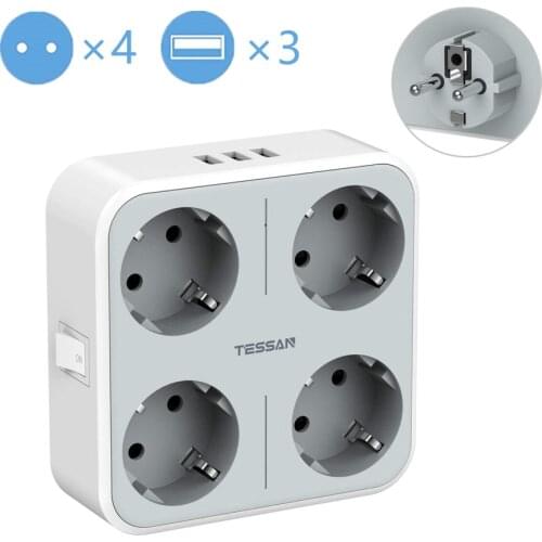 TESSAN Multiple Outlets Power Strip EU Plug with 4 Outlets 3 USB Charging Ports Wall Socket Overload Protection for Home/Office