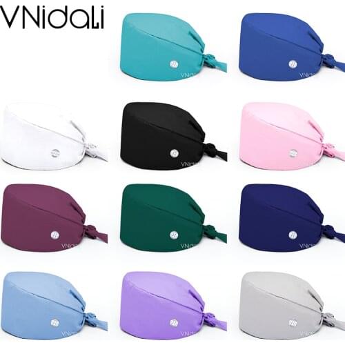 Solid color scrub cap with button Adjustable pet grooming working Caps animal printing Scrub Lab work accessories womens hats