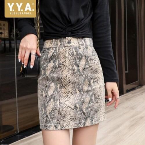 Fashion Snake Print Sheepskin Wrap Short Skirts Women Street Stretch Real Leather High Waist Skirt Office Lady Zipper Slim Skirt