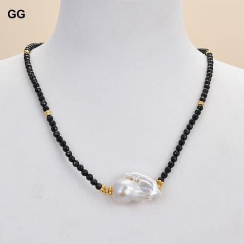 GuaiGuai Jewelry 18" Natural 4mm Faceted Black Onyx White Keshi Pearl Necklace