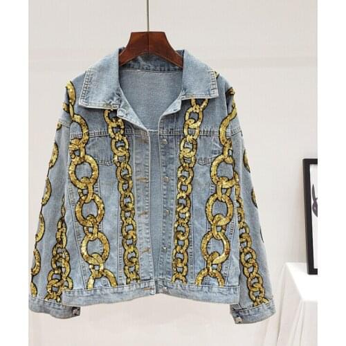 Womens spring autumn casual loose gold silver sequins chain denim jacket female high waist plus size jean jacket outwear TB897