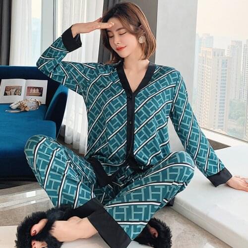 Woman Pijama Set Satin Emulation Silk Sleepwear Set Home Service Long Sleeve Cardigan Womens Two Piece Sets Sleep Tops and Pants