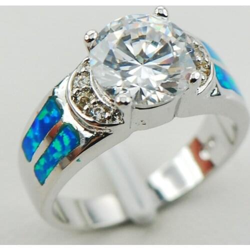 White Crystal Zircon Blue Fire Opal 925 Sterling Silver Woman Ring Size 6 7 8 9 10 R1176