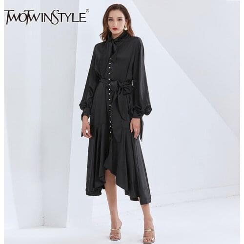 TWOTWINSTYLE Patchwork Ruffle Dresses For Women Lace Up Lantern Sleeve High Waist With Belt Slimming Womens Vintage Dress New