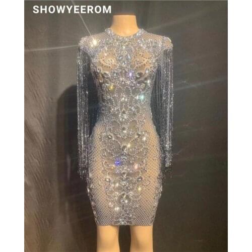 Women Mesh Perspective Sparkly Crystals short Dress Evening Party Rhinestones Dresses Birthday Celebrate Costume Dress