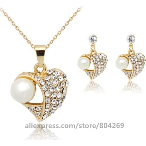 80 set/lot High quality Imitation Pearl Jewelry Sets For Women Heart Shape Austria Crystal Rhinestone Earrings Pendant Necklace