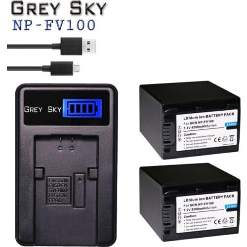 2Pcs 4200mAh NP FV100 NP-FV100 FV100 Batteries + LCD USB Charger for Sony NP-FV30 NP-FV50 NP-FV70 SX83E SX63E FDR-AX100E AX100E