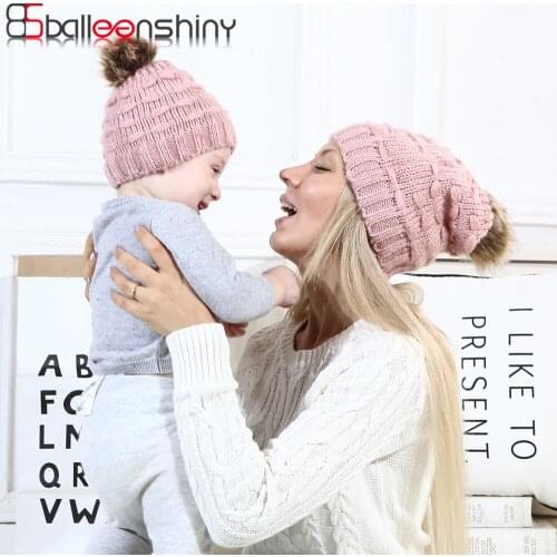 BalleenShiny Parent-child hat 2PCS Baby Cute Plush Thick Hat Knitted Winter Cap Childrens Knitted Hat Keeps Warm Outdoor Hat