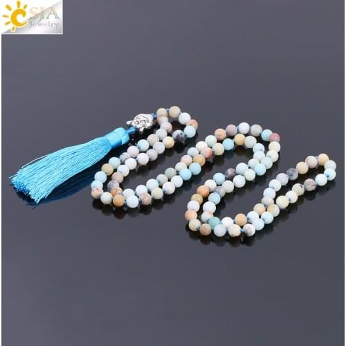 CSJA Bohemian Natural Stone Amazonite Long Statement Necklaces 108 Mala Beads Blue Tassel Charm Reiki Chakra Buddha Jewelry F137