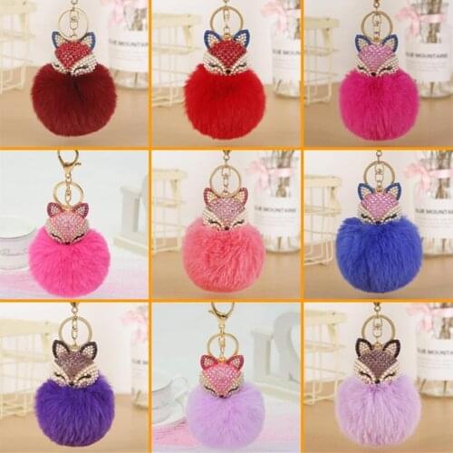 Cute Mini Fox Fur Ball Keychain Handmade Fluffy Fur Pompom Ball Inlaid Rhinestone Lady Bag Accessories Car Key Ring Pendant