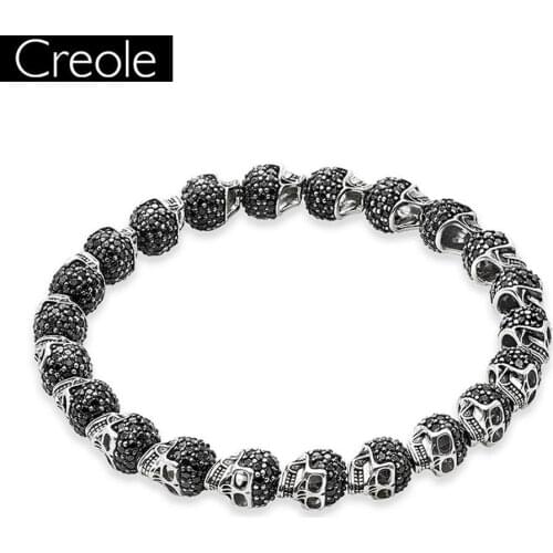 Europe Black Zirconia Paved Skulls Bead Bracelet, Elastic Heart Bracelet, 925 Sterling Silver Rebel Punk Jewelry for Men