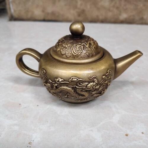 Imitation ancient Distressed Pure copper Dragon phoenix Small flagon (Teapot) exquisite workmanship collection