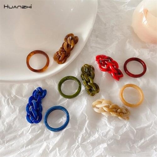 HUANZHI 2020 Trendy 2pcs/Set Colorful Resin Geometric Round Chain Rings Adjustable for Women Girls Party Jewelry Gifts