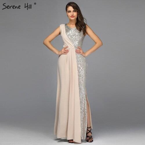 Contrast Color V-Neck Sequined Sexy Evening Dresses 2019 Sleeveless Mermaid Sequin Evening Gowns Real Photo DQA8031